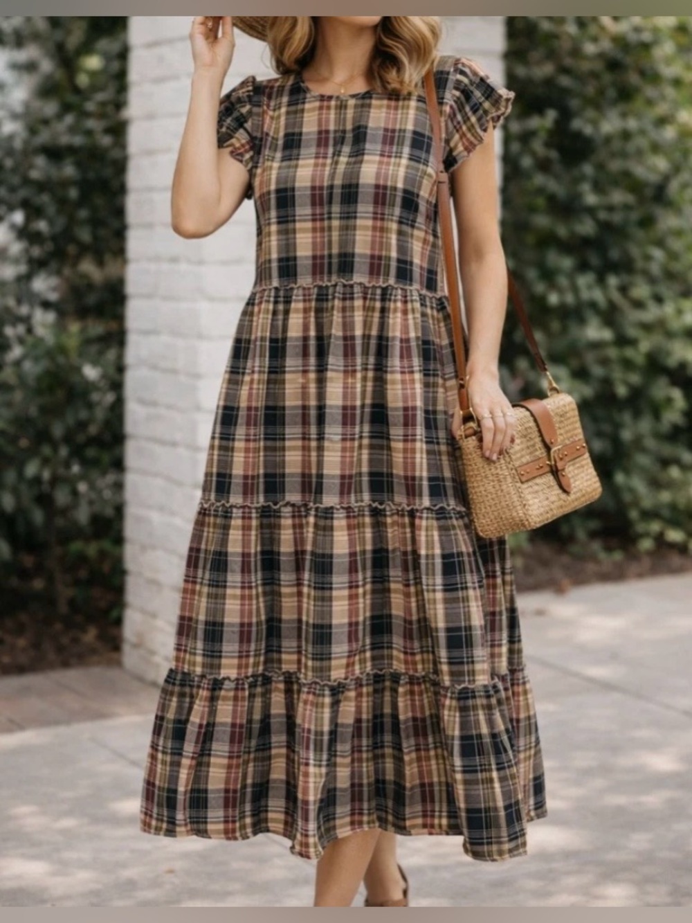 DownEast Fawn plaid tiered midi dress